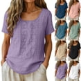 thumbnail image 1 of Camisa de Lino de Manga Corta para Mujer, Playera Casual Ligera de Algodón y Lino con Bordado Floral, Tops Transpirables de Verano para Uso Diario Oficina y Vacaciones, Morados L, 1 of 9