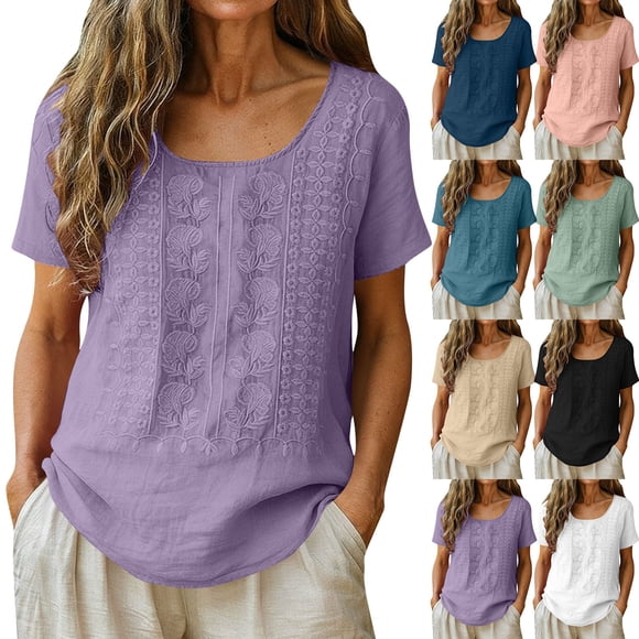 Camisa de Lino de Manga Corta para Mujer, Playera Casual Ligera de Algodón y Lino con Bordado Floral, Tops Transpirables de Verano para Uso Diario Oficina y Vacaciones, Morados L