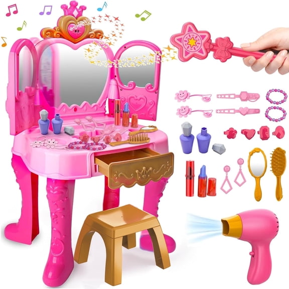 Ruvince Toddler Princess Vanity Set With Magic Mirror (Music & Light) – Pink Makeup Toy Table and Chair, Hair Salon Pretend Play Set for 1-5 Year Old Girls, Birthday Gift With Accessories