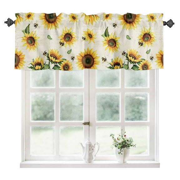 Yellow Sunflowers Bees Kitchen Valances for Windows 60x18 Inch Kitchen Curtains Valances Rod Pocket Summer Country Floral Rustic Bathroom Window Valances for Window Treatment Decor