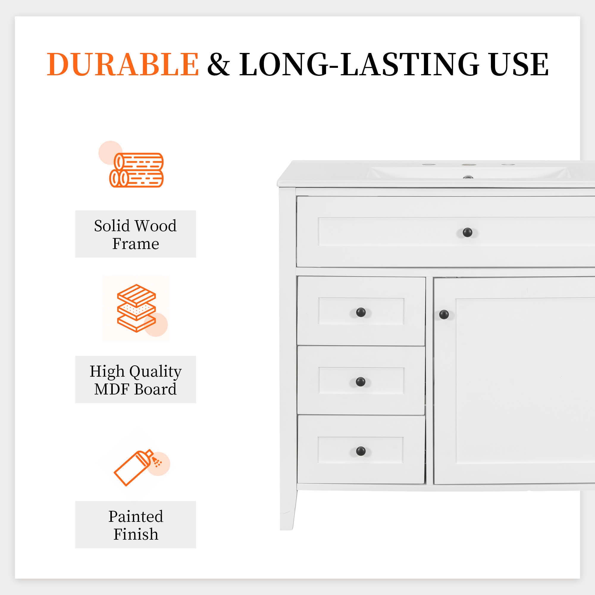 MAYEERTY 36" Bathroom Vanity Ceramic Sink Top Solid Wood MDF Flip Drawer Adjustable Shelf Metal Handles