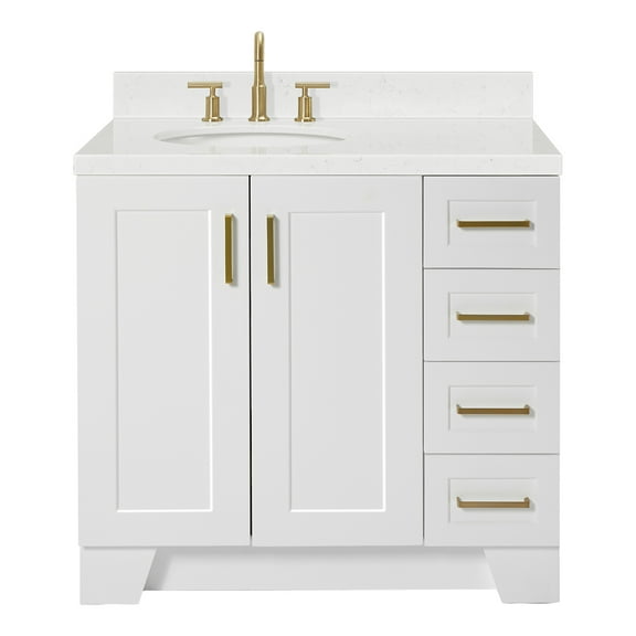 Ariel Taylor 36 In. Left Offset Oval Sink Bathroom Vanity With Carrara White Quartz Countertop 1.5 Edge In White