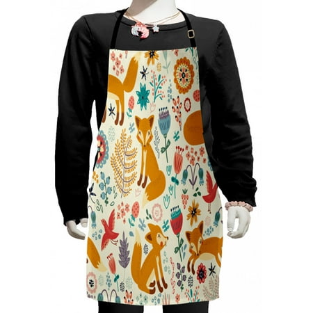 

Fox Kids Apron Natural Wildlife Composition Foxes Ornate Flowers Flying Birds Kids Nursery Boys Girls Apron Bib with Adjustable Ties for Cooking Baking Painting Multicolor by Ambesonne