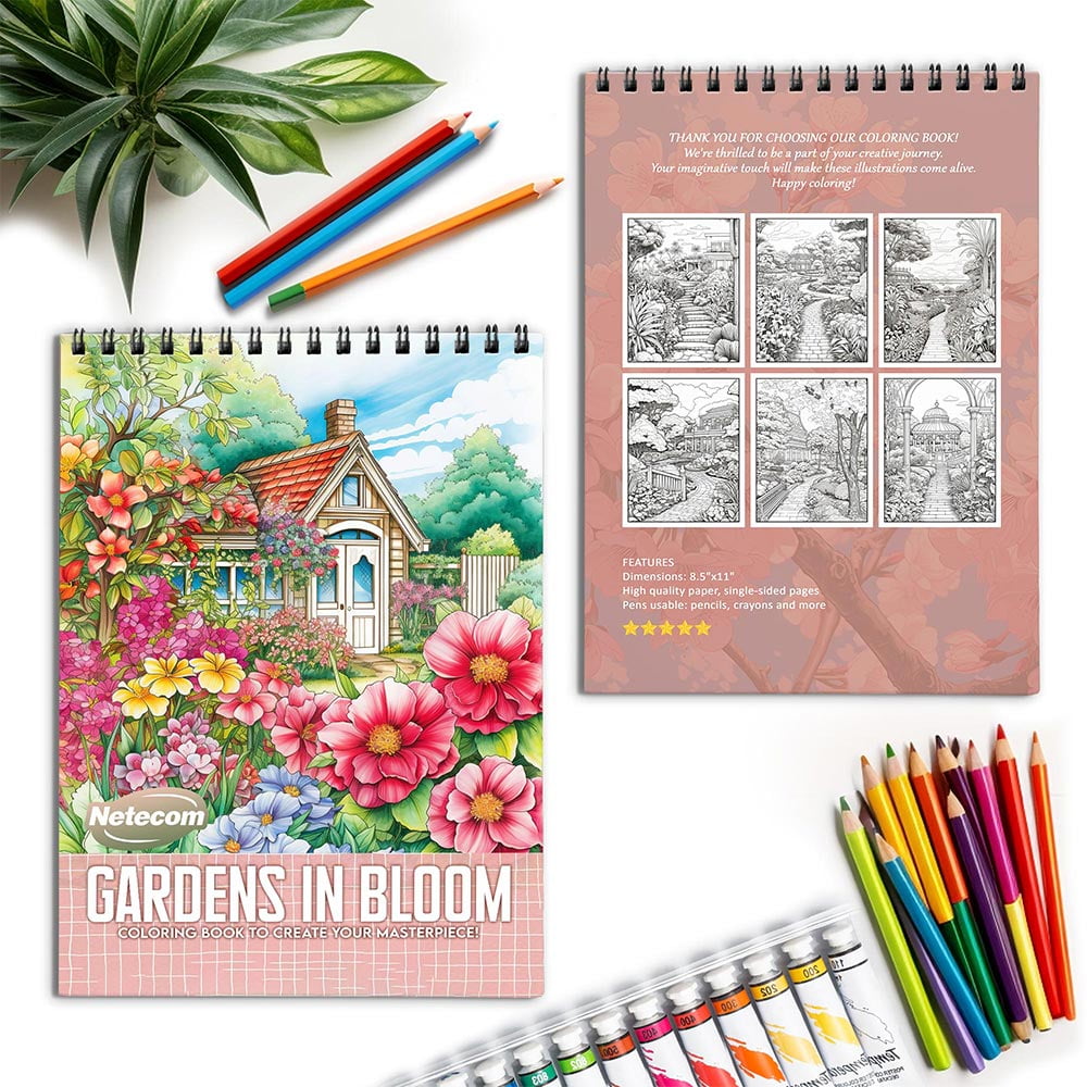Netecom Gardens in Bloom Coloring Book for Adults, Spiral Bound, Soft Cover
