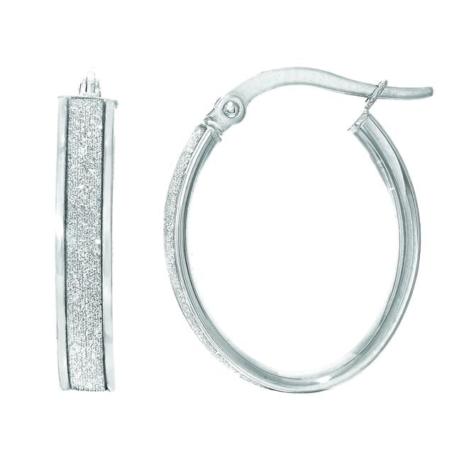 14k White Gold Oval Glitter Hoop Earrings, Diameter 15mm