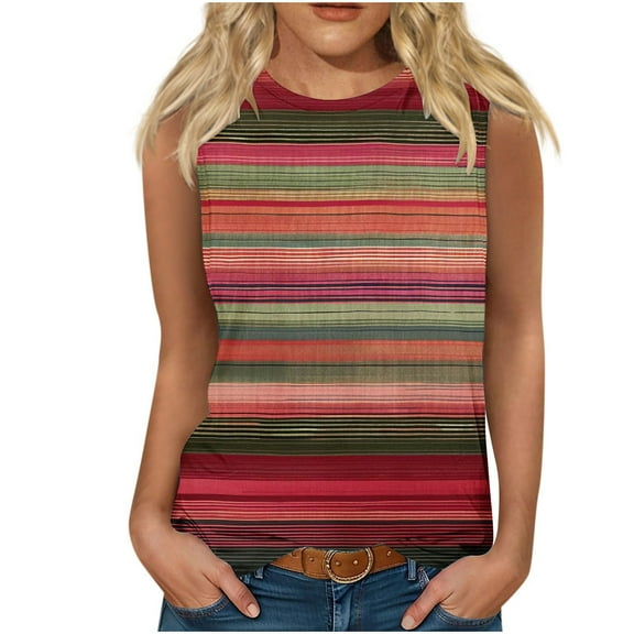 HOMBOM Women Tank Tops Summer Round Neck Red Comfortable Breathable Sleeveless Striped Tank Top XXL