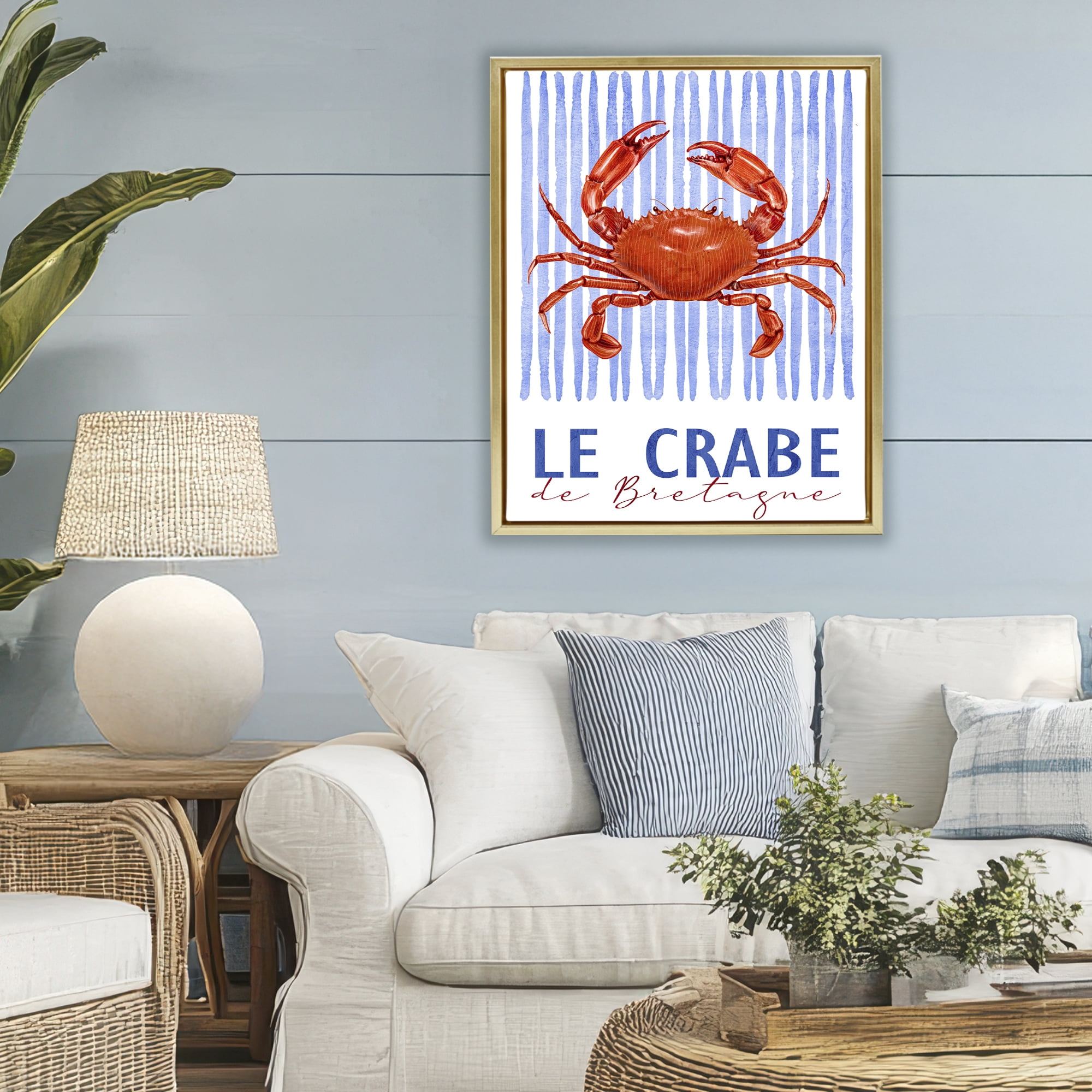 Stupell Industries Le Crabe Nautical Stripes Gold Framed Floater Canvas Wall Art, design by Kim Allen