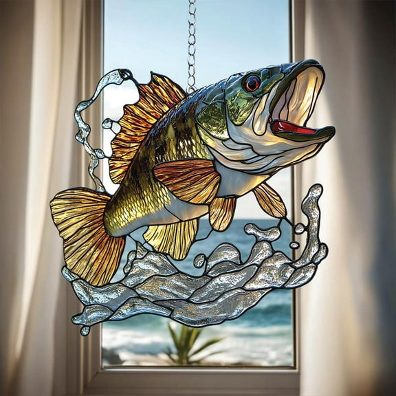 Largemouth Bass Acrylic Suncatcher – Faux Stained Glass Window Hanging with Splashing Fish Scene, Lake Cabin Decor or Gift for Fishermen 4306596845