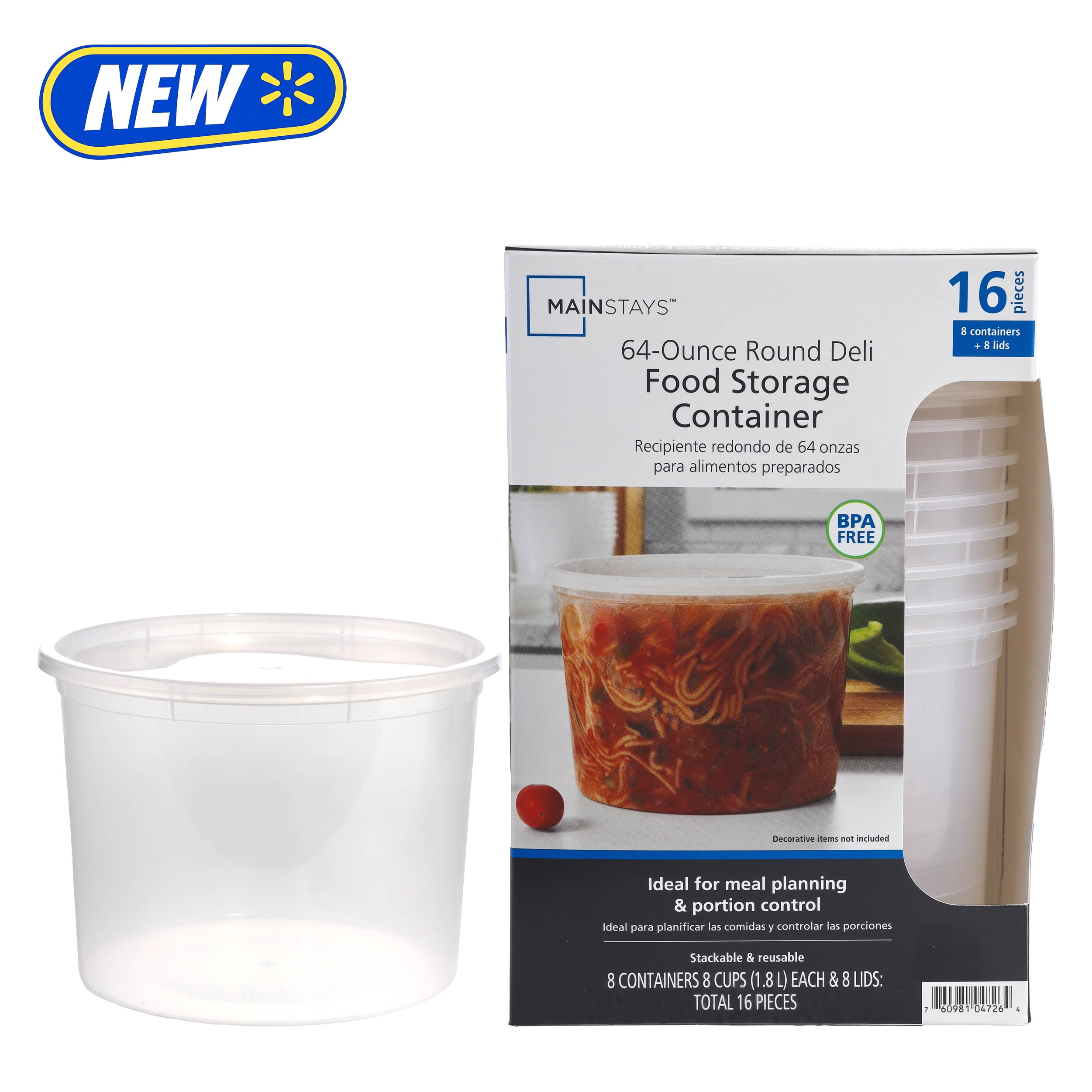 (4 pack) Mainstays 16 Piece 64 oz Plastic Deli Container, Designed to Help with Pantry Storage and Everyday Organization
