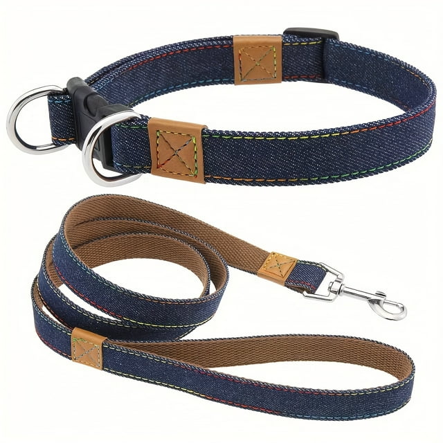CNKOO Soft and Comfortable Denim Dog Collar and Leash Set Retro Denim with Colorful Stitching Durable Nylon Strap Lining Suitable for Small Medium Large Dogs Dog Collar Dog Collar Fo