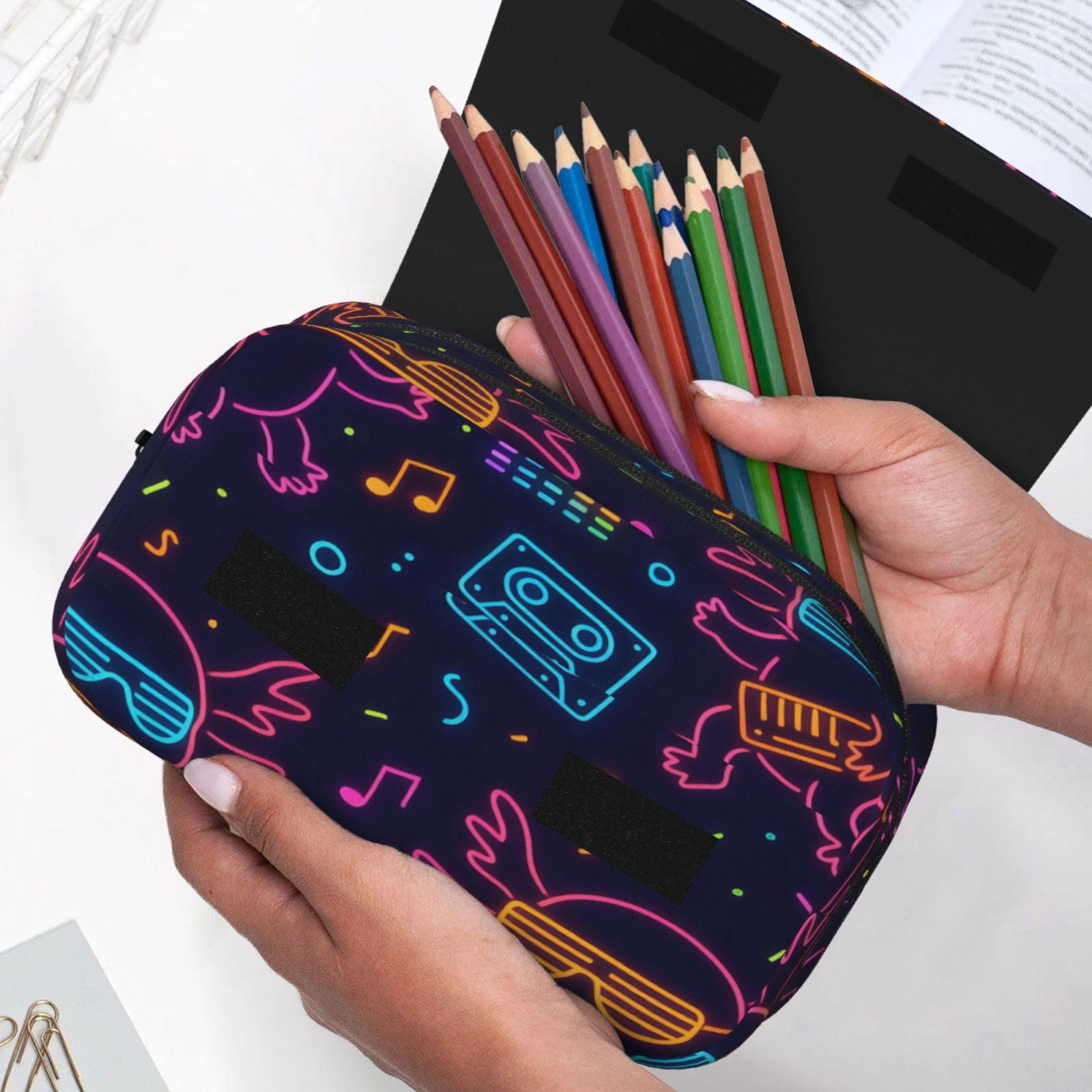 Large-Capacity Flip-Top Double-Layer Pencil Case, Multi-Functional Pocket Pen Case, Durable Stationery Organizer Neon Party Axolotls - 80s Synthwave