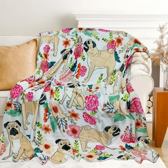 Couverture Pug Mignonne pour Femmes, Filles, Enfants, Adultes 50 Pouces x 60 Pouces, Jeté en Flanelle pour Chien pour Sofa, Canapé, Lit, Salon, Cadeaux pour les Amoureux des Animaux