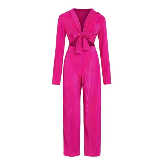 Women’s Rose Red Pleated 2‑Piece Set – V‑Neck Long‑Sleeve Crop Top & Wide‑Leg Pleated Pants, Summer Beachwear