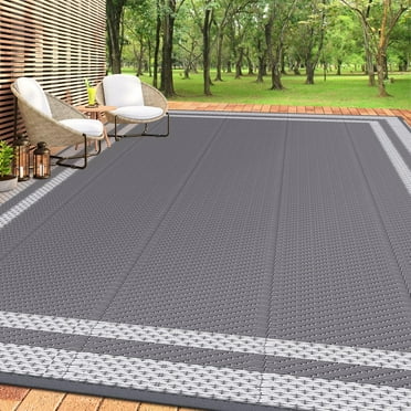 Outdoor Rug Reversible Portable Plastic Straw Camping Rugs for Outside RV,Large Waterproof Outdoor Area Rugs for Patio,Deck,Porch,Balcony(8'x 10',White&Gray)