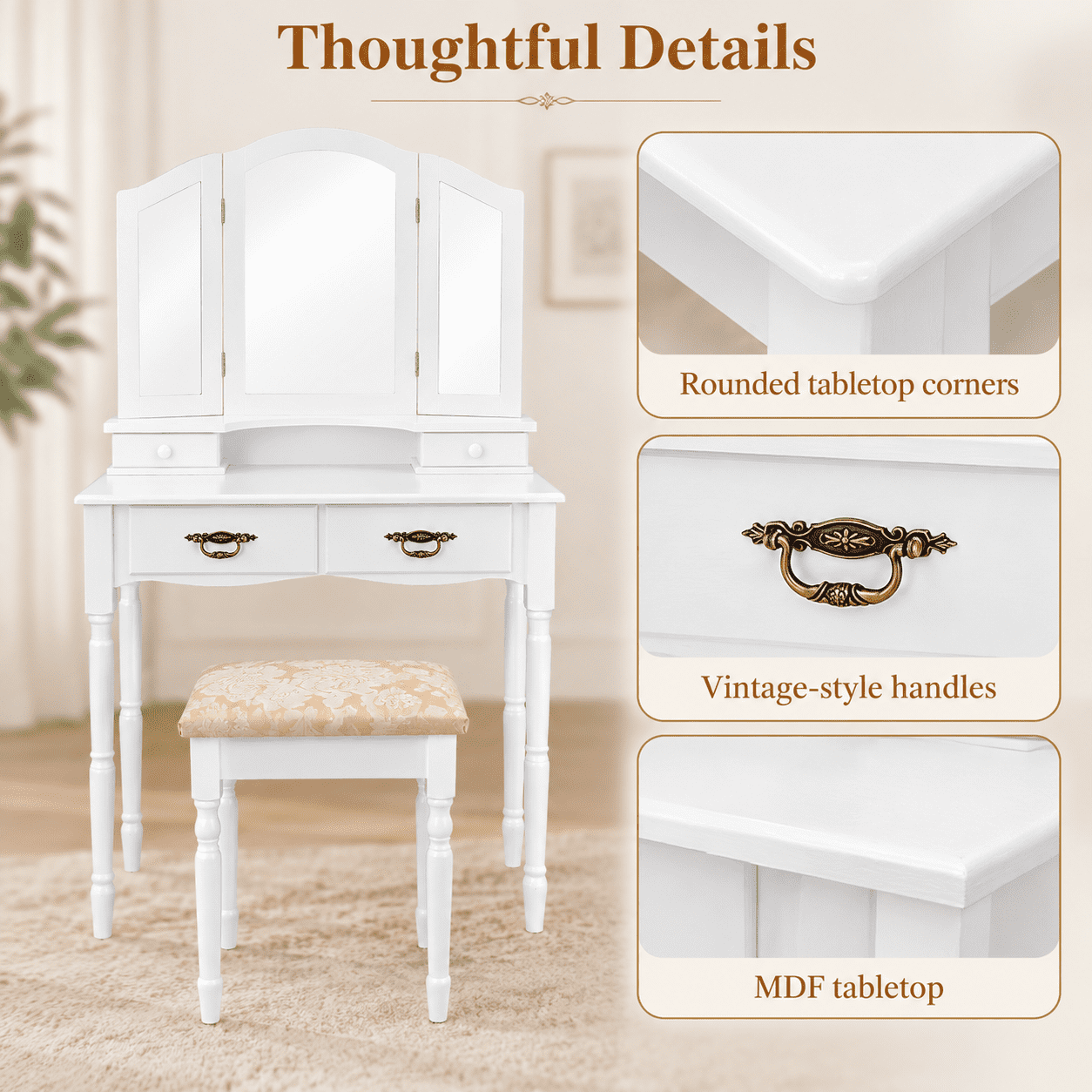 Furnibear Makeup Vanity Table Set with Tri-Folding Mirror 4 Drawers Cushioned Stool and Wood Legs for Bedroom, White
