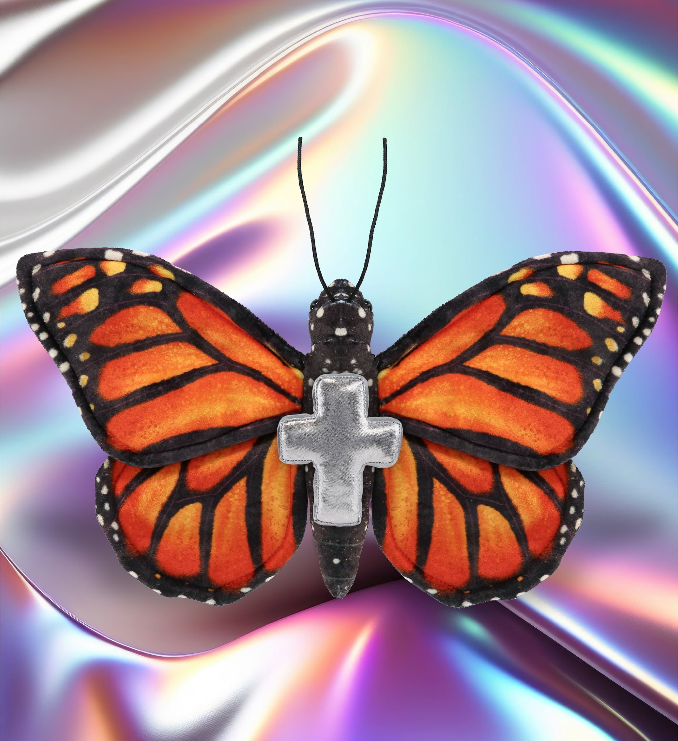 DolliBu Wild Collection Orange Butterfly Stuffed Animal with Silver Cross Plush - Baptism Gifts for Boys and Girls, Dedication Christening Gifts Plush Prayer Toy Healing Stuffed Animal - 12 Inches