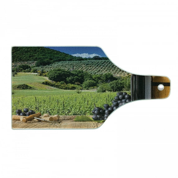Wine Cutting Board, Idyllic Tuscany Country Landscape Agriculture Harvest Grape Plantation, Tempered Glass Cutting and Serving Board, Wine Bottle Shape, Black Green Pale Brown, by Ambesonne