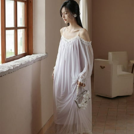 

DanceeMangoo French Romance Satin Nightdress for Women Long Sleeve Spring Summer Slash Nightgowns & Sleepshirts Women Sleepwear Outwear Pjs