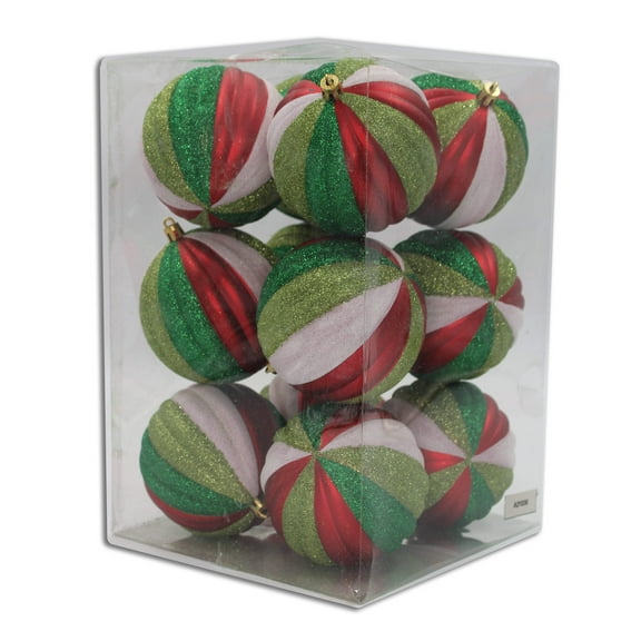 12 Pack Red, White, Lime Green and Green Glitter Assorted Ball Ornaments
