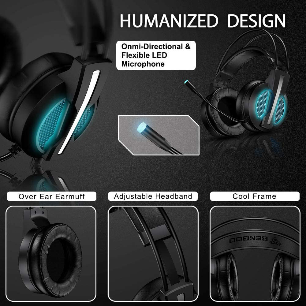 USB 7.1 Surround Sound Gaming Headphones with Noise Canceling Mic 4D Intelligent Vibration LED Light for Laptop Mac Games PS4 Gaming Console BENGOO GH1 Gaming Headset for PC Strong Bass 