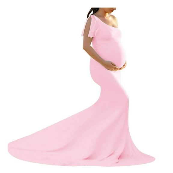Odeerbi Maternity Dress for Photoshoot Womens Pregnants Photography Props Off Shoulder Sleeveless Solid Dress Pink