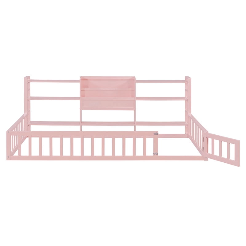 Twin Size Floor Bed with Integrated Bookcase and 3-Tier Storage Shelves, Low Profile Wood Toddler Bed Montessori Bed with Safety Guardrails for Boys Girls