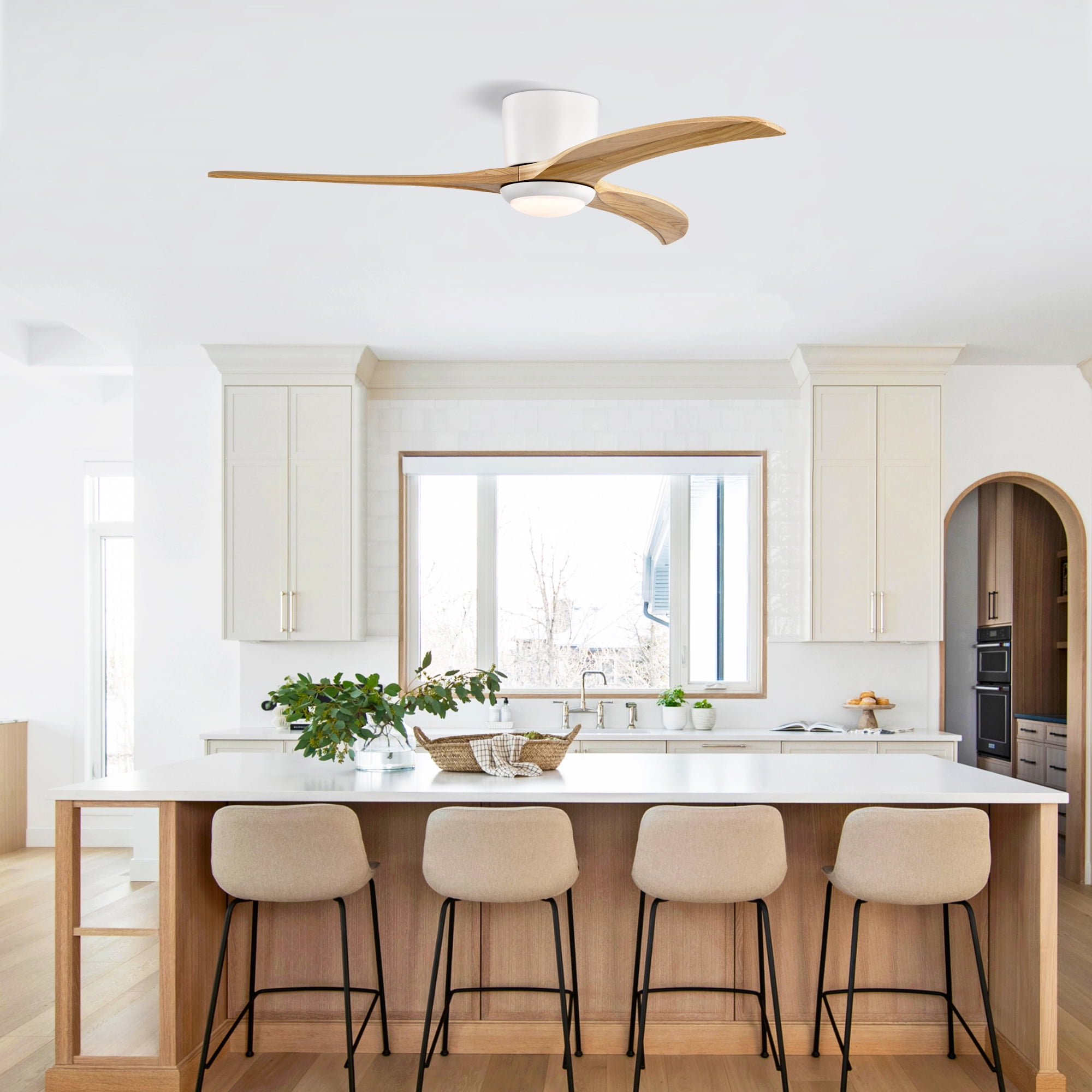 Ceiling Fan with Light, 52 Inch Reversible Noiseless Fan for Home Indoor Living Bedroom, Matte White Natural Wood