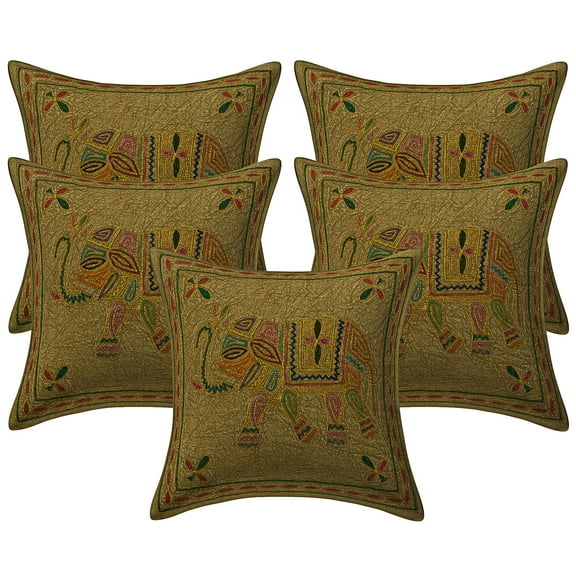 Stylo Culture Indian Chair Seat Throw Pillow Covers 16 x 16 Gold Thread Embroidered Olive Green Ethnic 40x40 cm Home Decor Cotton Elephant Square Cushion Covers | Set Of 5