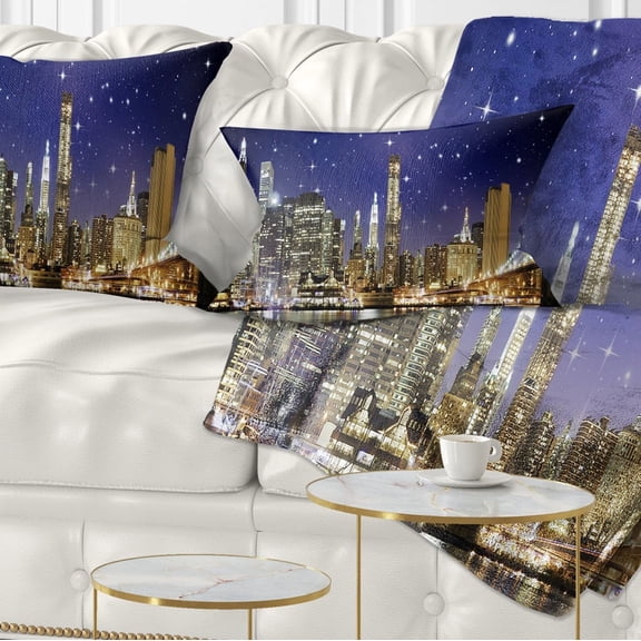 Designart Night Colors over Brooklyn Bridge - Cityscape Photo Throw Pillow - 12x20
