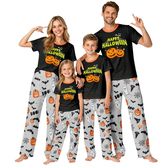 Onlypjs Family Halloween Pajamas Matching Sets Happy Halloween Pumpkin Boo Print Short Sleeve Sleepwear Loungewear for Couples Adults Women Men
