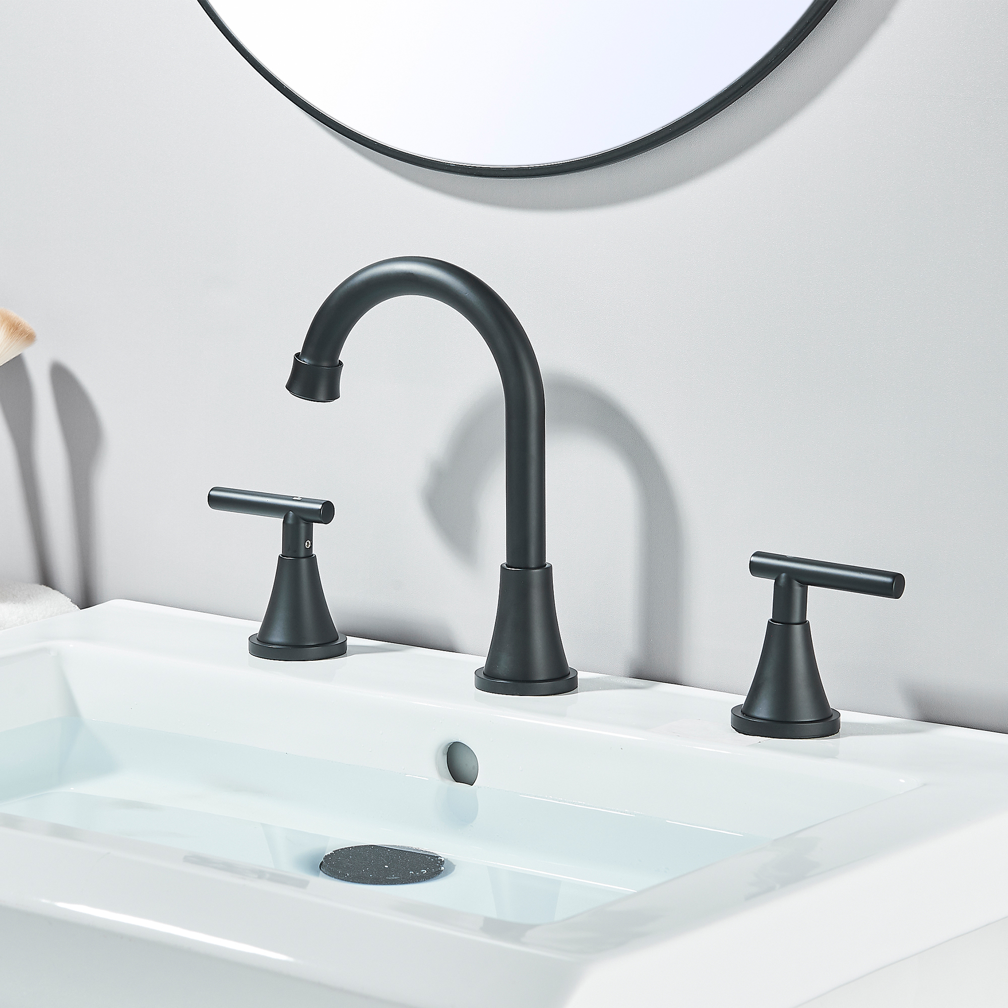 Zovajonia Matte Black  Bathroom Faucet 3 Hole Vanity, 2 Handle 360° Swivel 8 Inch Widespread Bathroom Sink Faucet , with Pop-up Drain, Supply Lines