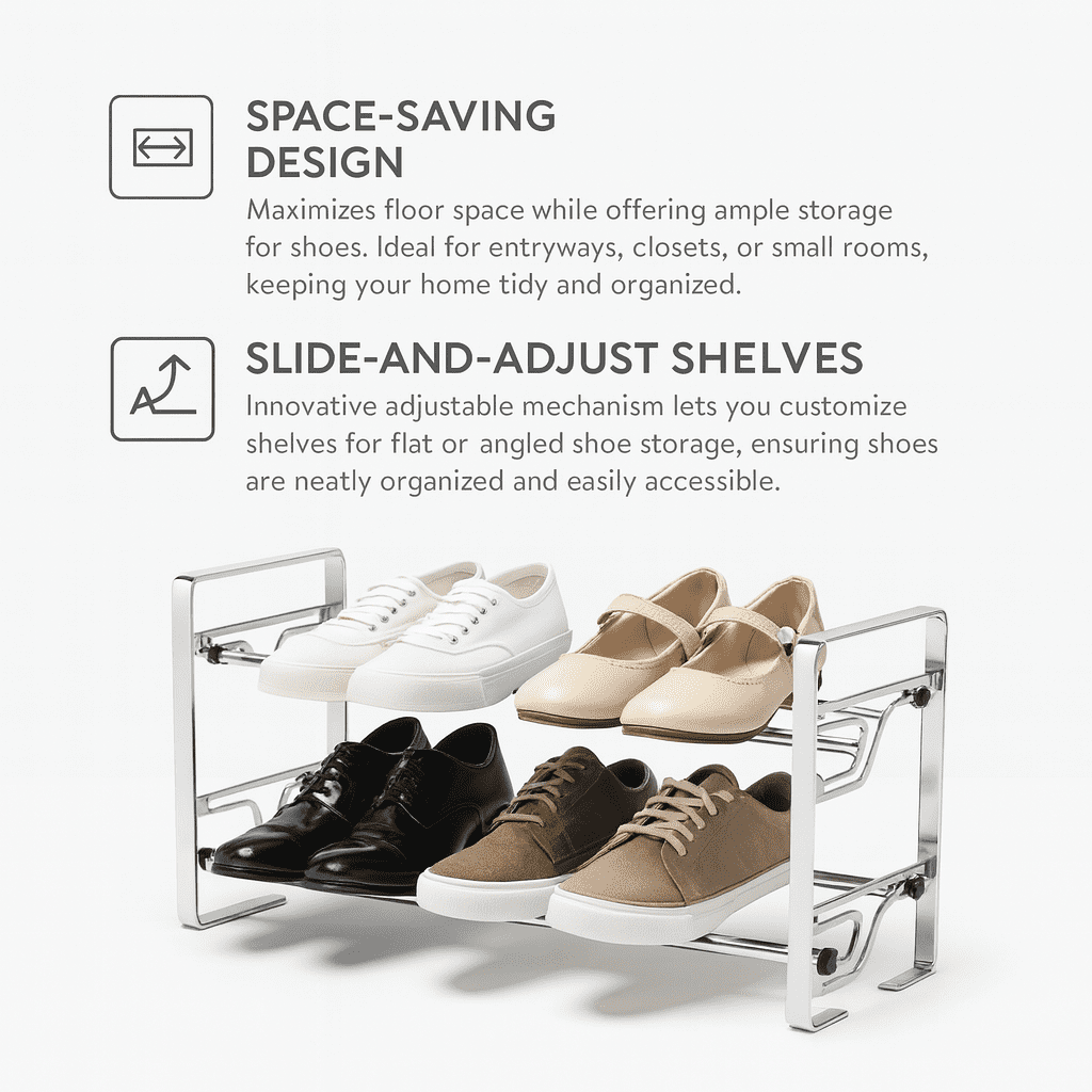 USTECH 2-Tier Metal Shoe Rack, Chrome Adjustable Shoe Storage Organizer with Slide-and-Adjust Shelves, Space-Saving Design, Easy Setup