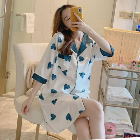

CoCopeaunt Nightgowns Women Korean-style Silk Half-sleeve Turn-down Collar Loose Sleep-shirts Sweet Girls Trendy Printed Comfortable Simple