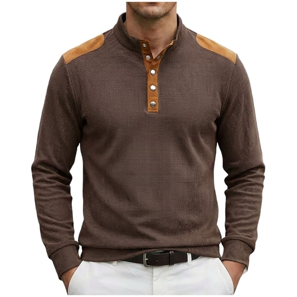 Camisetas de Verano de Manga Larga para Hombres Cuello de Pie Bloque de Color Botón Parchado Blusa Casual, Nylon Suave Spandex