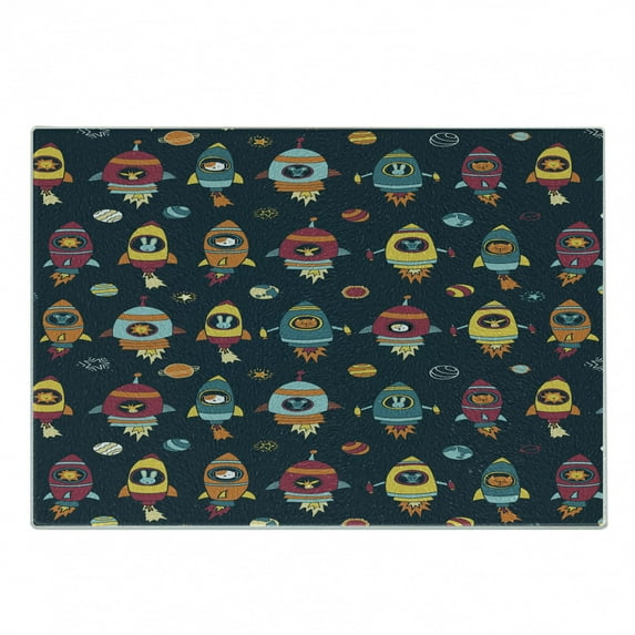 Lion Cutting Board, Space Animals on Blue Background Planets Stars Mouse Cat Giraffe Dog in Rocket Ships, Decorative Tempered Glass Cutting and Serving Board, in 3 Sizes, by Ambesonne