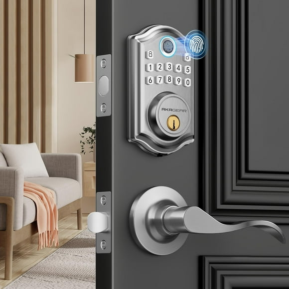 Cerradura de puerta de entrada sin llave con manija – 2 manijas de palanca, cerradura de puerta con huella digital AkaGear, cerrojo con teclado electrónico, 2 llaves, cerradura inteligente para puerta
