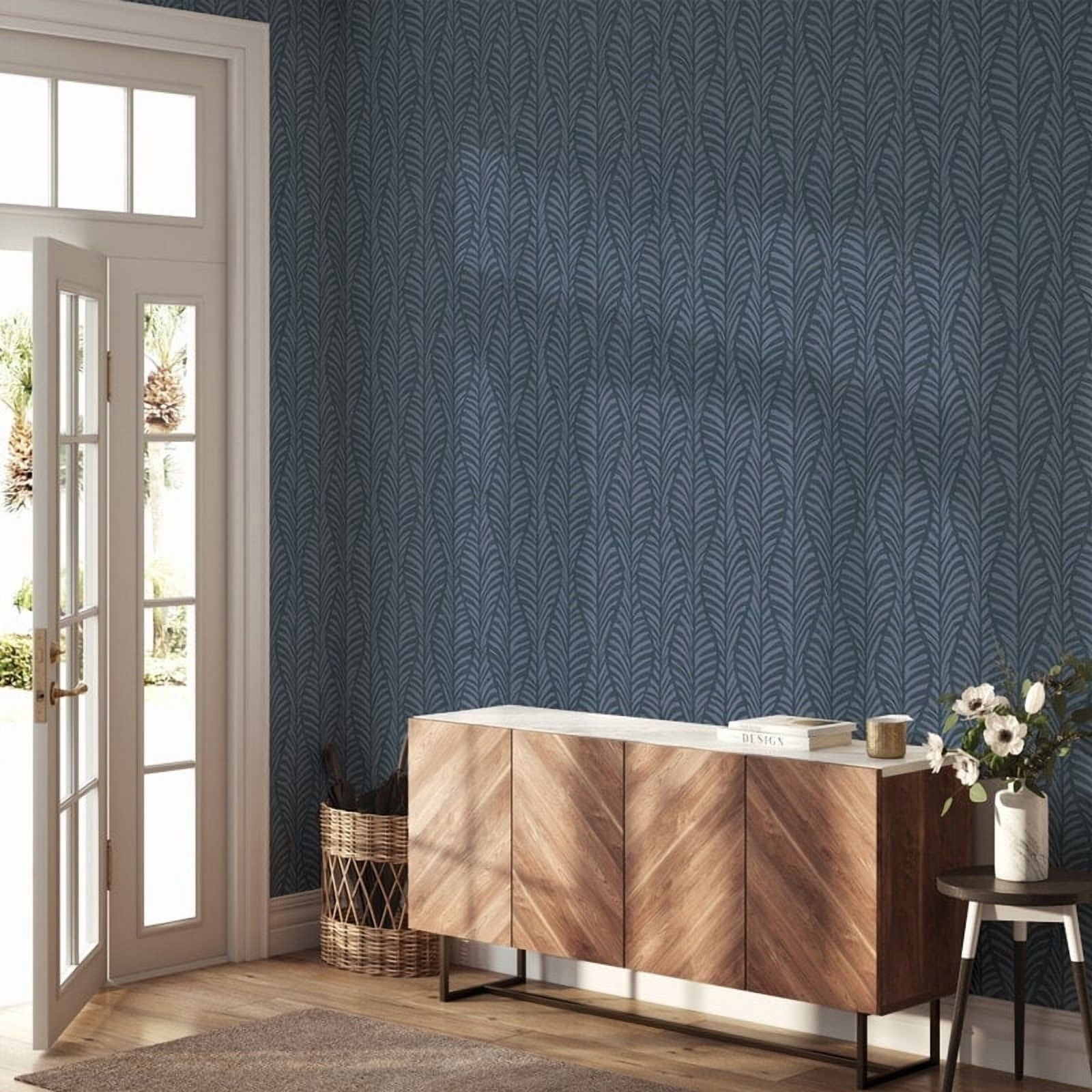 Tempaper Block Print Leaves Blue Peel and Stick Wallpaper, 20.5" x 16.5'