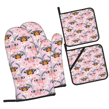 

Zeuib Pink Butterfly Daisy Oven Mitts and Potholders BBQ Gloves Kitchen Oven Glove High Heat Resistant 500 Degree Extra Long Oven Mitts and Potholder with Non-Slip Silicone Surface for Cooking