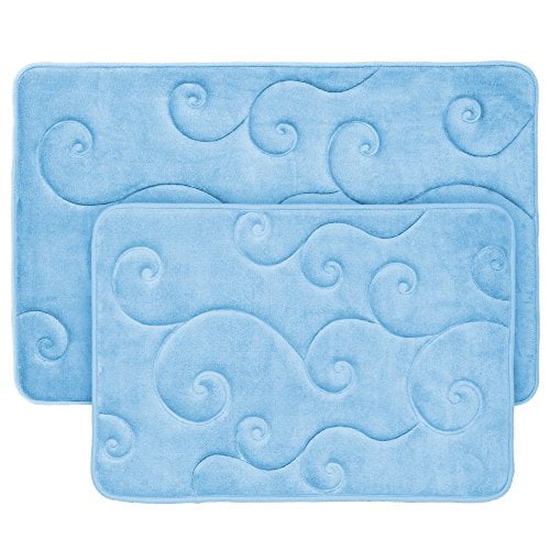 Lavish Home 67-0034-B 2 pc Memory Foam Bath Mat Set, Coral Fleece Embossed Pattern-Blue