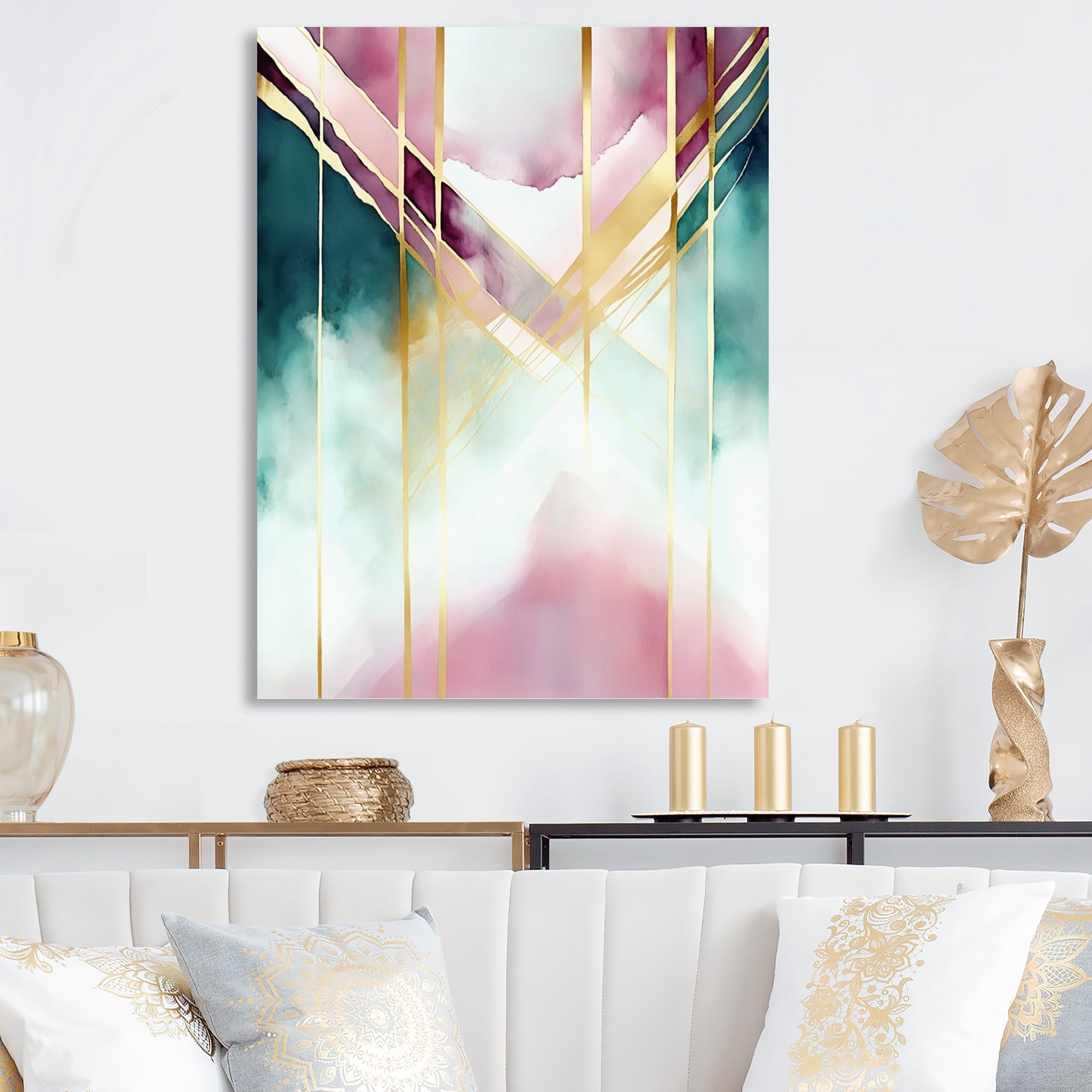 Designart Abstract Geode Geometric Pink And Green I Canvas Wall Art