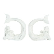 Woven Paths Mermaid Shaped Stone Resin Bookends, 7.75", Distressed White
