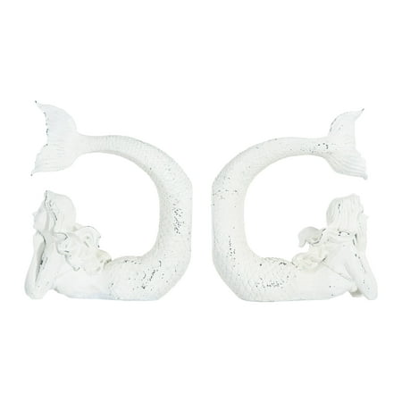 Woven Paths Mermaid Shaped Stone Resin Bookends, 7.75", Distressed White