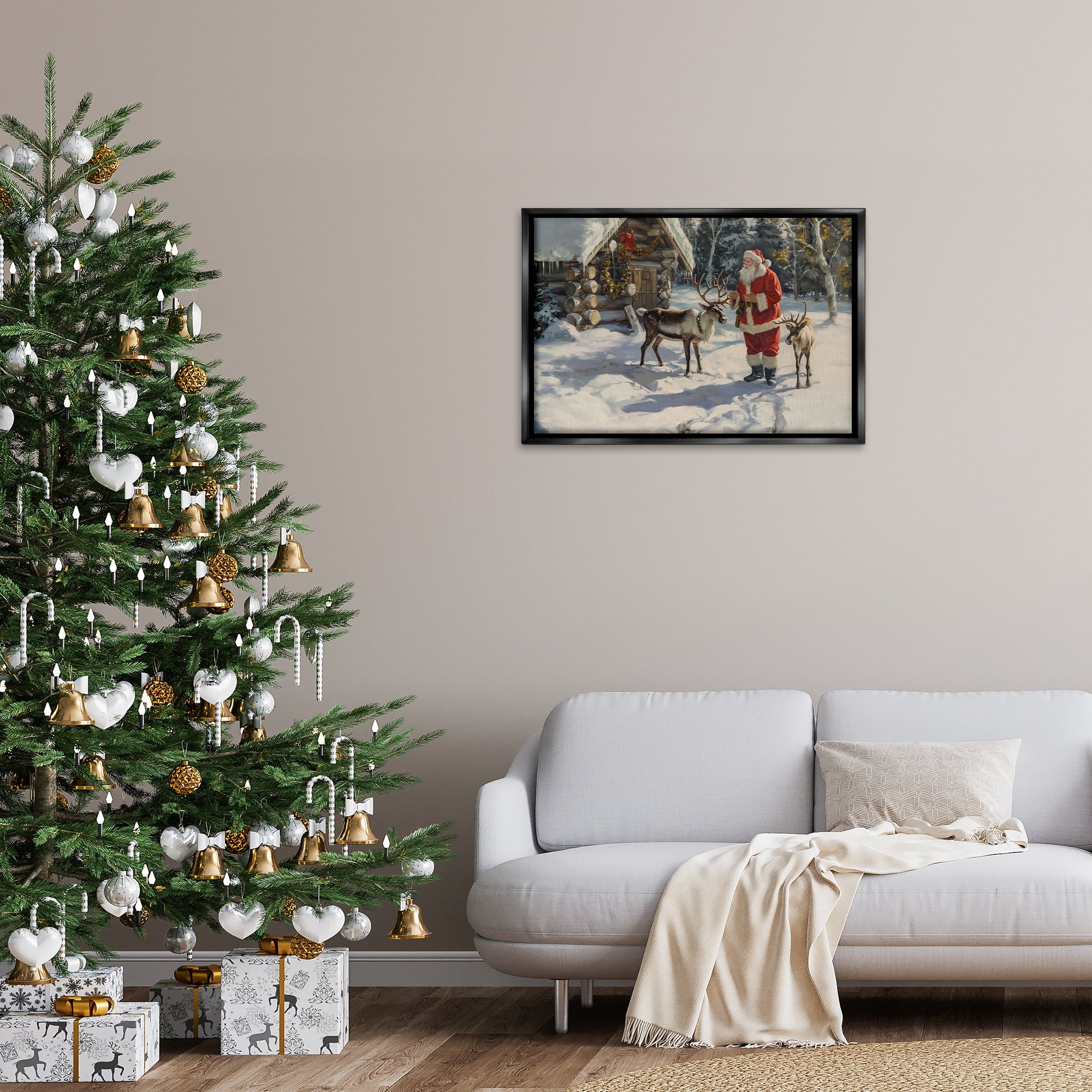 Stupell Industries Santa & Reindeer Scene Holiday Painting Black Floater Framed Canvas Art Prints Wall Art, 31 x 21
