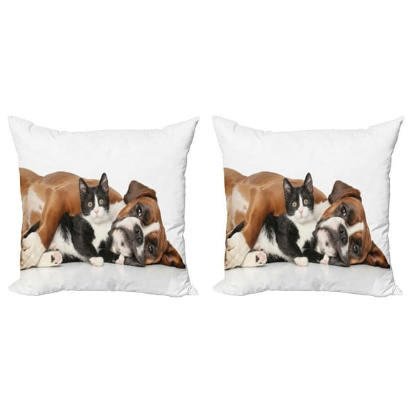 Ambesonne Funny Throw Pillow Cover 2 Pack, Cat Dog Friendship, 24", Brown Black White