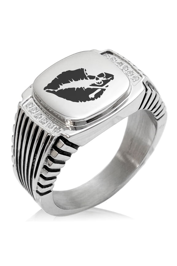 Stainless Steel Skull & Crossbones Kiss of Death CZ Ribbed Needle Stripe Pattern Biker Style Polished Ring