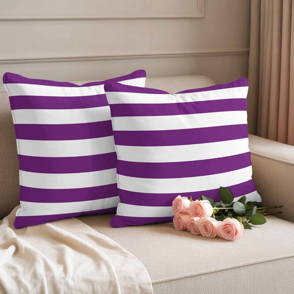 Outdoor Pillow Covers Purple and White Stripes Pattern Waterproof Pillow Cases 16x16 Set of 2, Modern Horizontal Stripes Throw Pillow Cover Pillowcase for Patio Balcony Couch Garden