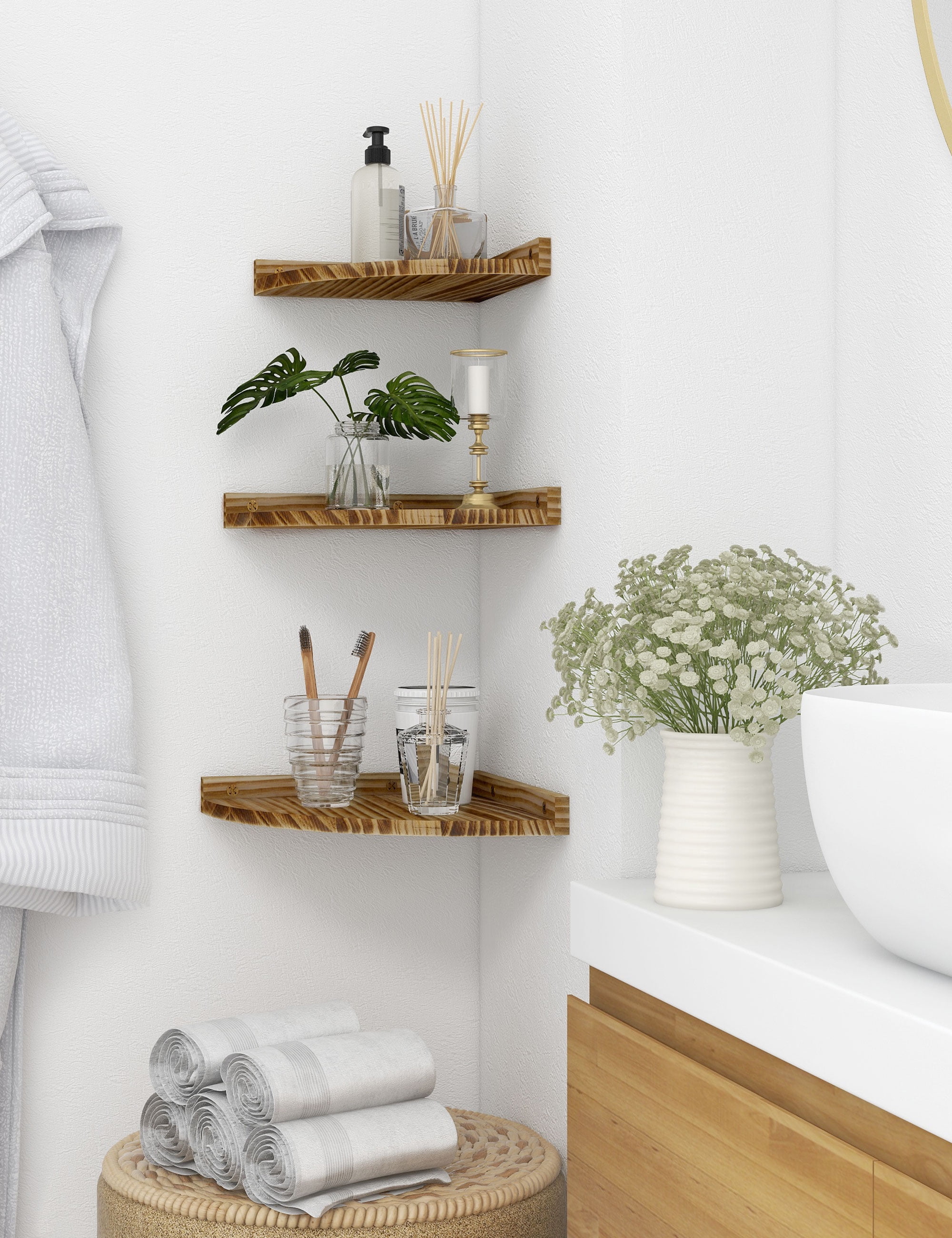 Afuly Floating Corner Shelves for Wall, Rustic Solid Brown Wood Wall Mounted Corner Shelf, 3 Set
