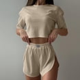 thumbnail image 5 of Jamicy Women's Pajamas Set Solid Color Casual Sleepwear Tee Shirts and Shorts Side Slit Crewneck Loungewear Two-Piece Set for Home Wear, 5 of 9