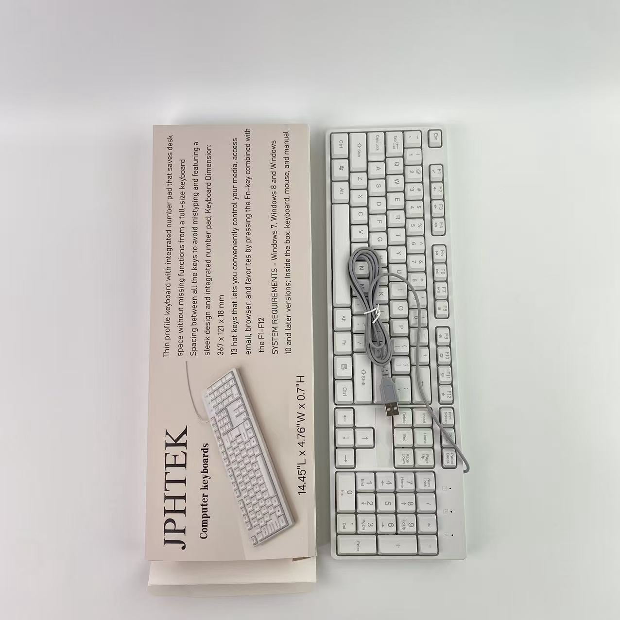 JPHTEK Computer keyboards,Wired Quiet USB Keyboard - 14.45x4.76x0.70 Inches - Compact Design with Number Pad - White