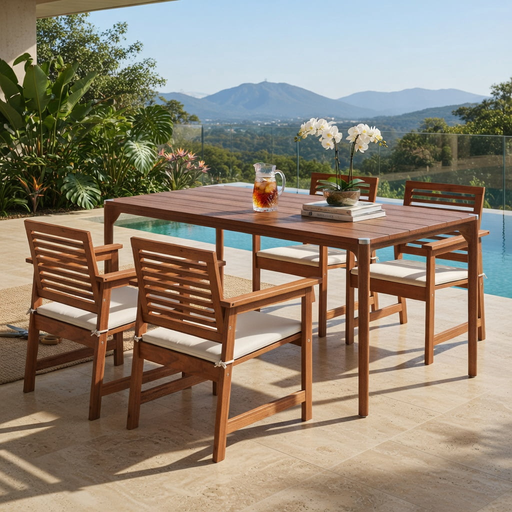 Hommoo 2-Pack Solid Wood Patio Dining Chairs with Off-White Cushions, Breathable Slatted Seat, Ergonomic Design for Backyard, Balcony & Poolside, Natural